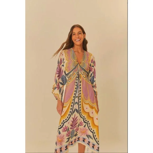 Farm Rio Butterfly Floral Print Kimono Sleeve Dress Bohemian Style - Picture 1 of 10